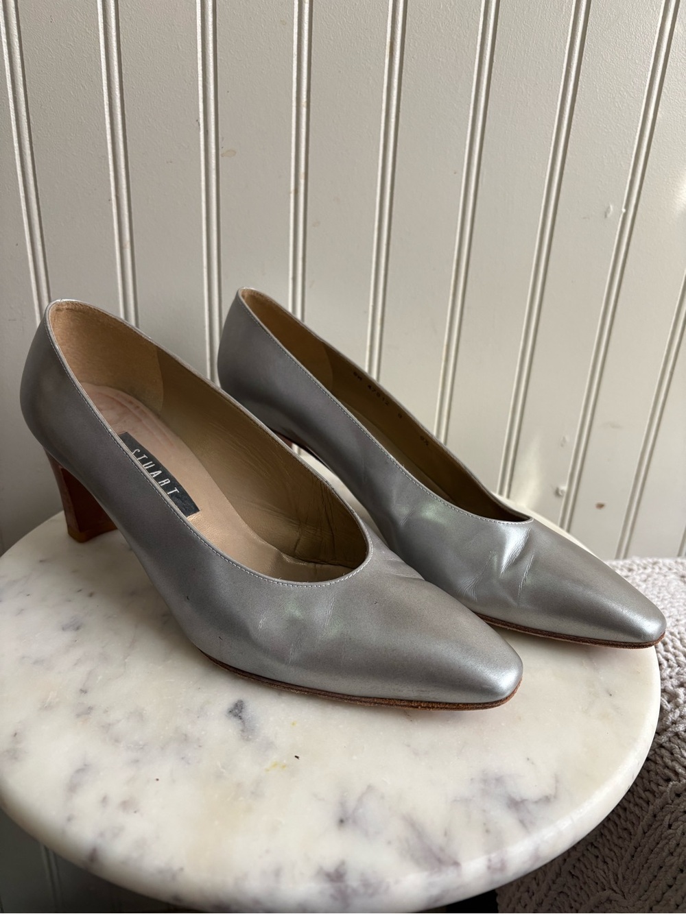 Stuart Weitzman Silver Leather Block Heels Pumps Womens 8.5 Formal Wedding Party